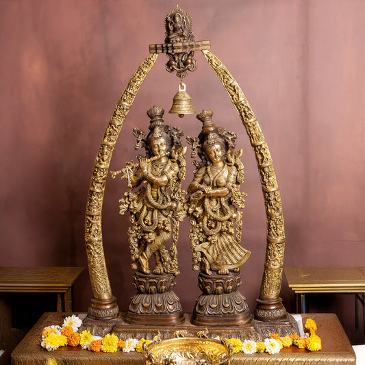 Brassaura® Radha Krishna Under Decorative Arch with Bell | Two-Tone Finish Brass Sculpture | Height 45 Inches & Weight 63 Kgs