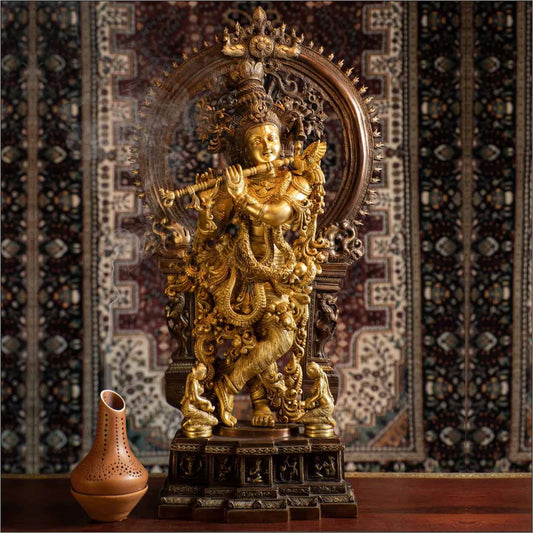 Brassaura® Lord Krishna with Prabhavali & Pedestal | Intricately Handcrafted Brass Sculpture | Height 32 Inches & Weight 33.83 Kgs