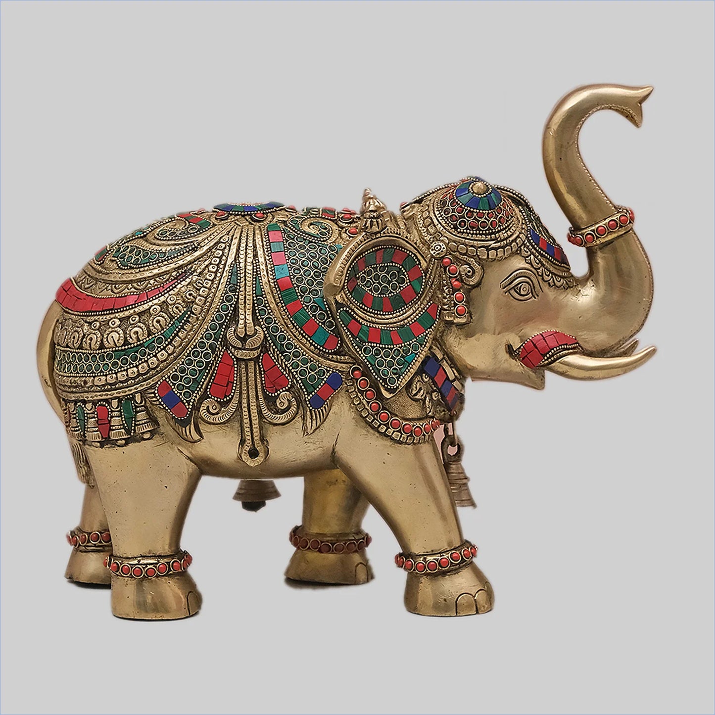 Brassaura® Decorative Brass Elephant with Stonework | Handcrafted Brass Showpiece | Height 11.8 Inches & Weight 12 Kgs