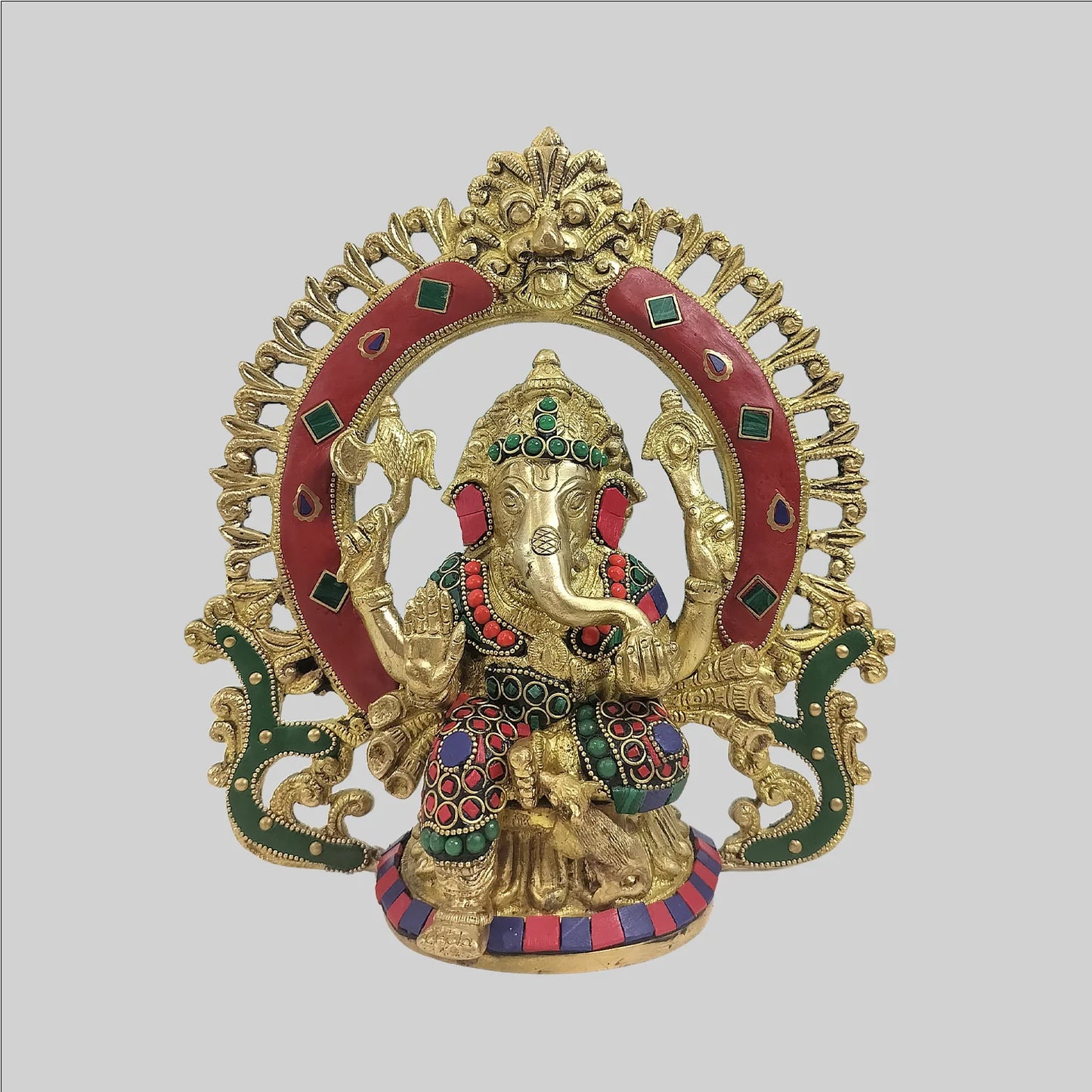 Brassaura® Lord Ganesha Brass Statue with Decorative Aureole | Stonework Finish | Height 8.7 Inches & Weight 2.5 Kgs