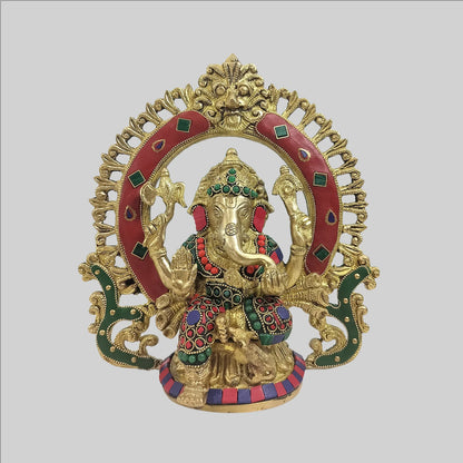 Brassaura® Lord Ganesha Brass Statue with Decorative Aureole | Stonework Finish | Height 8.7 Inches & Weight 2.5 Kgs