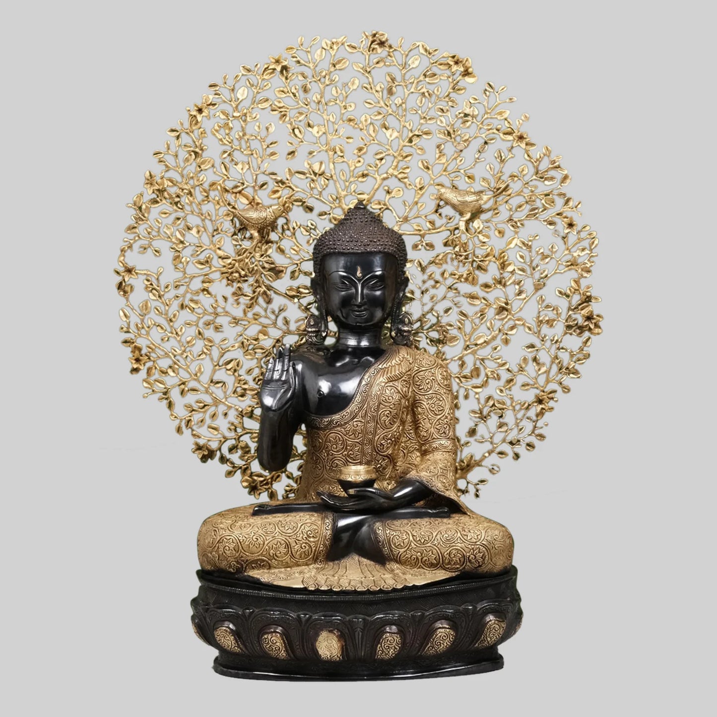 Brassaura® Buddha Under Bodhi Tree Sculpture | Black & Gold Finish Brass Art | Height 29 Inches & Weight 30 Kgs