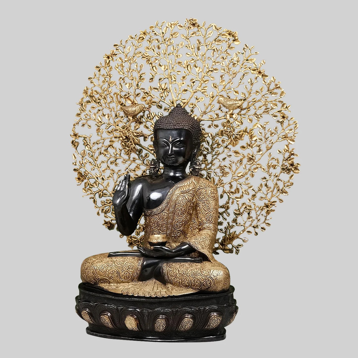 Brassaura® Buddha Under Bodhi Tree Sculpture | Black & Gold Finish Brass Art | Height 29 Inches & Weight 30 Kgs