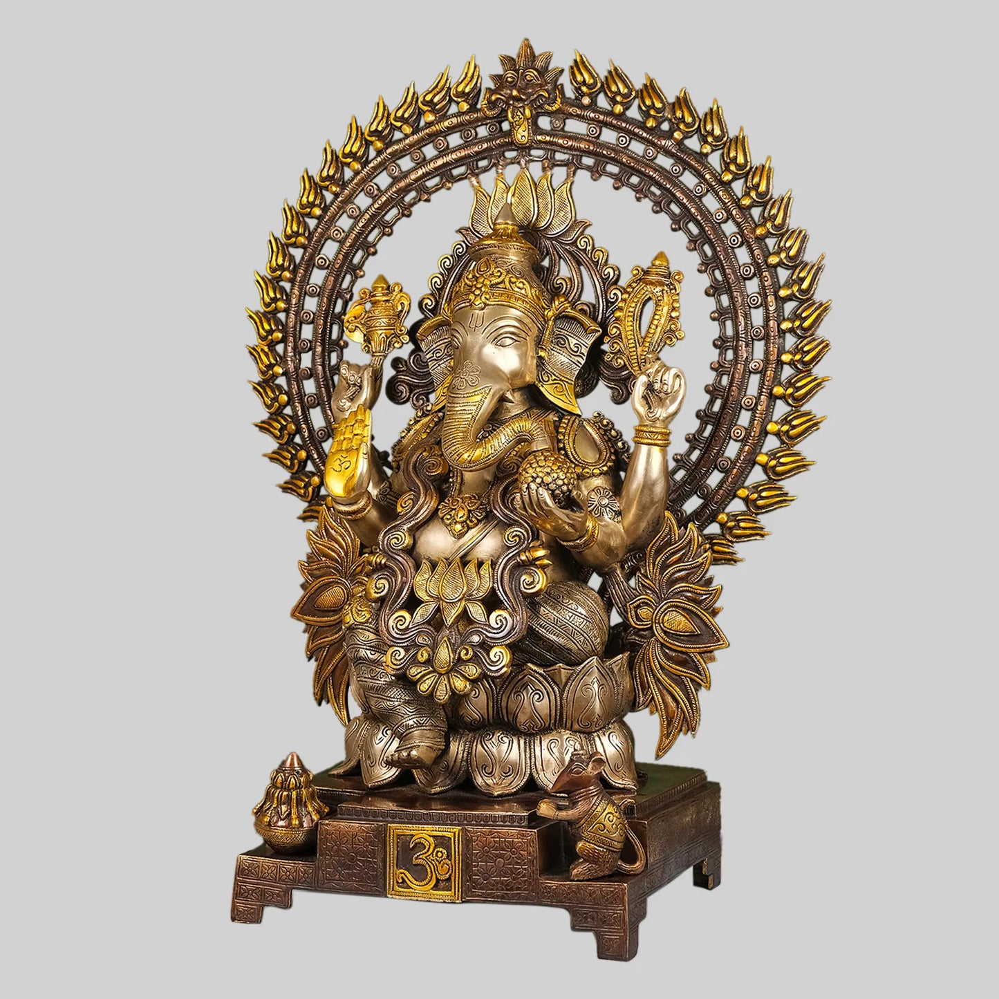 Brassaura® Lord Ganesha Brass Statue with Sacred Aureole | Two-Tone Finish | Height 29 Inches & Weight 40 Kgs
