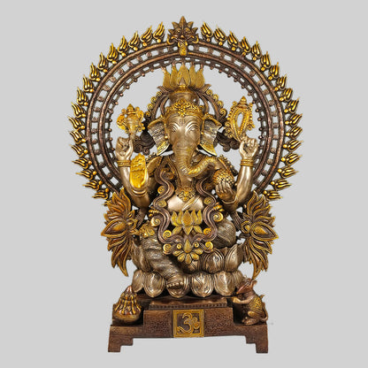 Brassaura® Lord Ganesha Brass Statue with Sacred Aureole | Two-Tone Finish | Height 29 Inches & Weight 40 Kgs