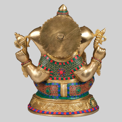 Brassaura® Seated Lord Ganesha with Stonework | Handcrafted Brass Idol | Height 15 Inches & Weight 15.45 Kgs