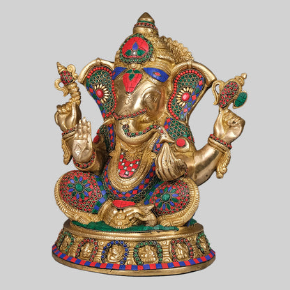 Brassaura® Seated Lord Ganesha with Stonework | Handcrafted Brass Idol | Height 15 Inches & Weight 15.45 Kgs