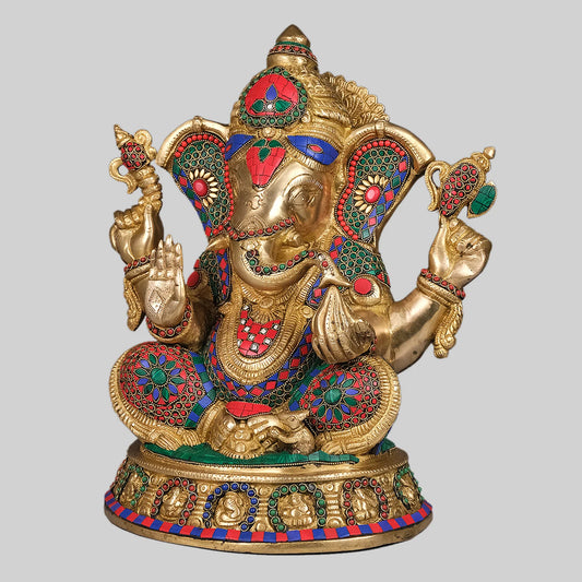 Brassaura® Seated Lord Ganesha with Stonework | Handcrafted Brass Idol | Height 15 Inches & Weight 15.45 Kgs
