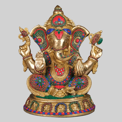 Brassaura® Seated Lord Ganesha with Stonework | Handcrafted Brass Idol | Height 15 Inches & Weight 15.45 Kgs