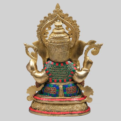 Brassaura® Sitting Ganesha with Ring Stonework | Handcrafted Brass Idol | Height 14 Inches & Weight 17.5 Kgs