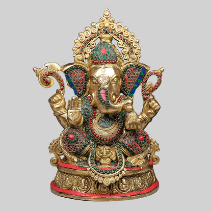 Brassaura® Sitting Ganesha with Ring Stonework | Handcrafted Brass Idol | Height 14 Inches & Weight 17.5 Kgs