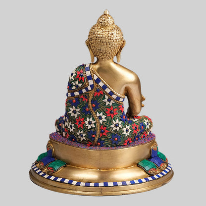 Brassaura® Meditating Buddha with Stonework | Handcrafted Brass Idol | Height 13 Inches & Weight 6.75 Kgs