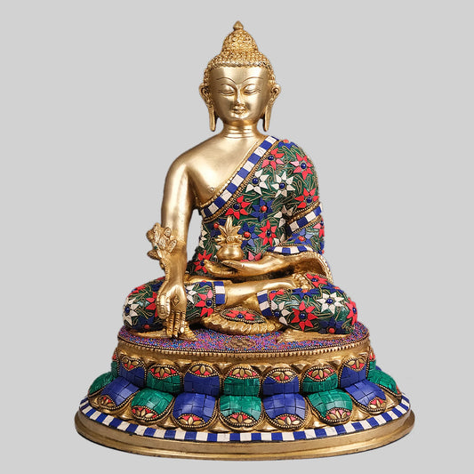 Brassaura® Meditating Buddha with Stonework | Handcrafted Brass Idol | Height 13 Inches & Weight 6.75 Kgs