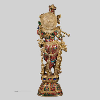 Brassaura® Lord Krishna with Stonework | Handcrafted Brass Idol | Height 29 Inches & Weight 17 Kgs