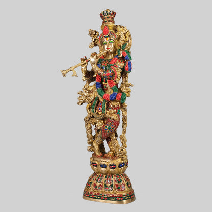 Brassaura® Lord Krishna with Stonework | Handcrafted Brass Idol | Height 29 Inches & Weight 17 Kgs