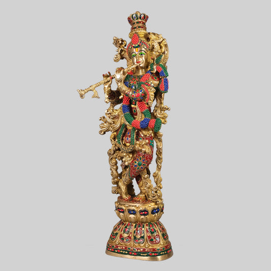 Brassaura® Lord Krishna with Stonework | Handcrafted Brass Idol | Height 29 Inches & Weight 17 Kgs
