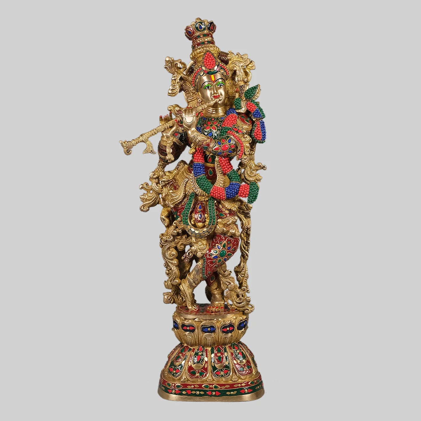Brassaura® Lord Krishna with Stonework | Handcrafted Brass Idol | Height 29 Inches & Weight 17 Kgs