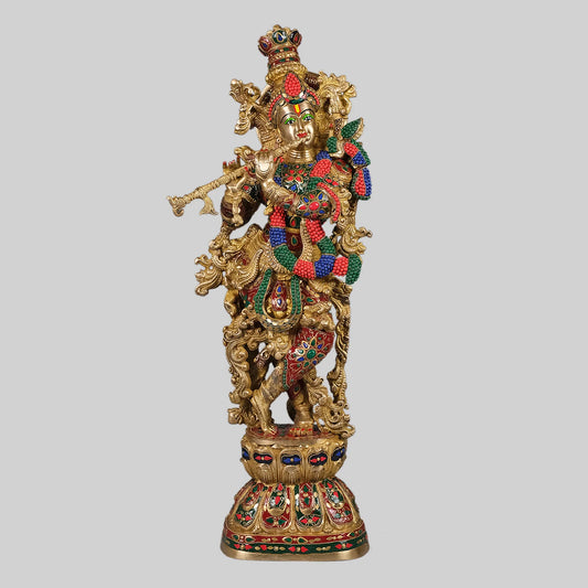 Brassaura® Lord Krishna with Stonework | Handcrafted Brass Idol | Height 29 Inches & Weight 17 Kgs