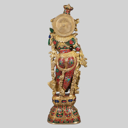 Brassaura® Lord Krishna with Stonework | Handcrafted Brass Idol | Height 29 Inches & Weight 16.5 Kgs