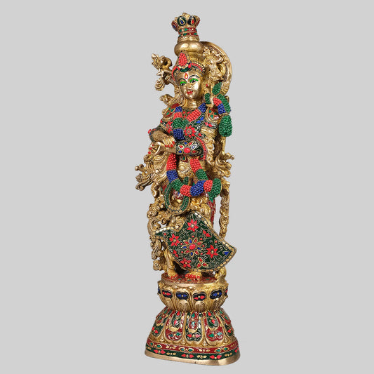 Brassaura® Lord Krishna with Stonework | Handcrafted Brass Idol | Height 29 Inches & Weight 16.5 Kgs