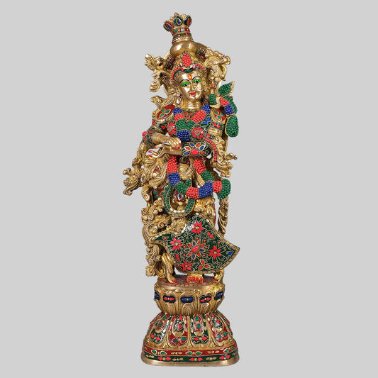 Brassaura® Lord Krishna with Stonework | Handcrafted Brass Idol | Height 29 Inches & Weight 16.5 Kgs