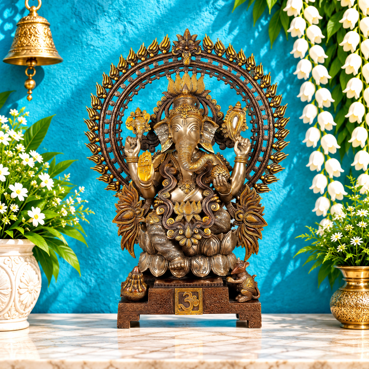 Brassaura® Lord Ganesha Brass Statue with Sacred Aureole | Two-Tone Finish | Height 29 Inches & Weight 40 Kgs