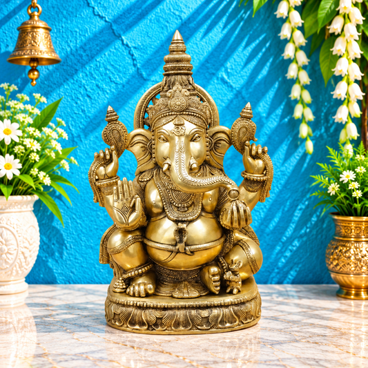 Brassaura® Ganesha Seated Blessing Idol with Antique Golden Finish | Pure Superfine Brass Handcrafted Murti | Brass Statue for Home Temple, Pooja Room | Height 20 Inches | Weight 24 Kgs