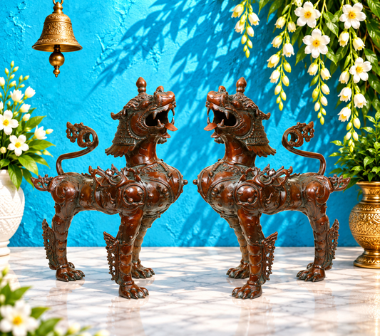 ब्रासौर® तिब्बती गार्जियन स्नो लायन पीतल की मूर्ति | शुद्ध पीतल | ऊंचाई 23 इंच और वजन 41.70 किलोग्राम