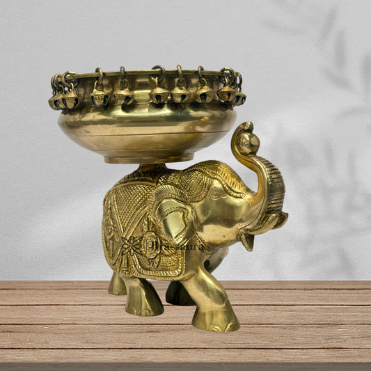 Brass Urli with Elephant Statue for Home Decor Gift for Good Luck Vastu and Fengshui Best in Living Room Weight 3.1 Kg Height 24 cm