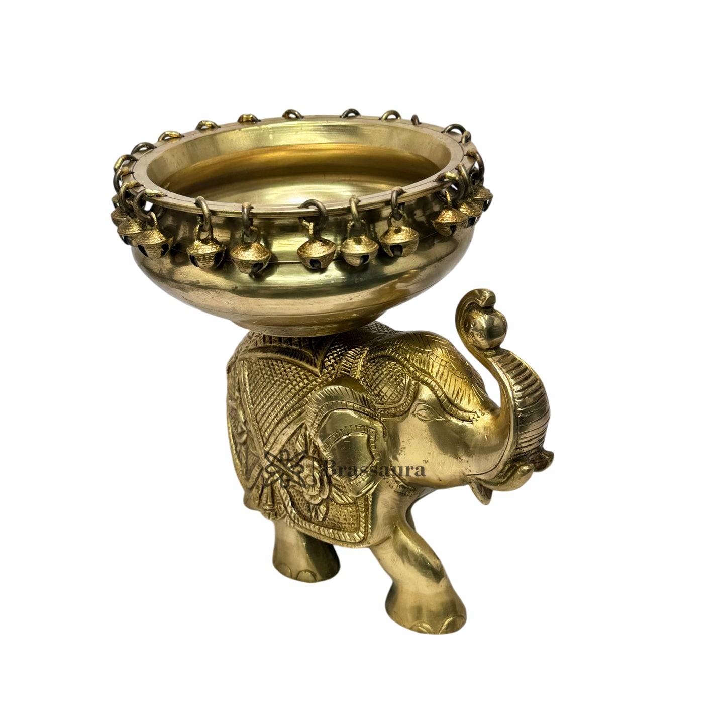 Brass Urli with Elephant Statue for Home Decor Gift for Good Luck Vastu and Fengshui Best in Living Room Weight 3.1 Kg Height 24 cm