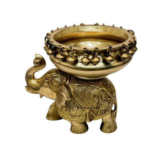 Brassaura® Brass Urli with Elephant Statue | Handcrafted Decorative Centerpiece | Height 9.5 Inches & Weight 3.1 Kgs