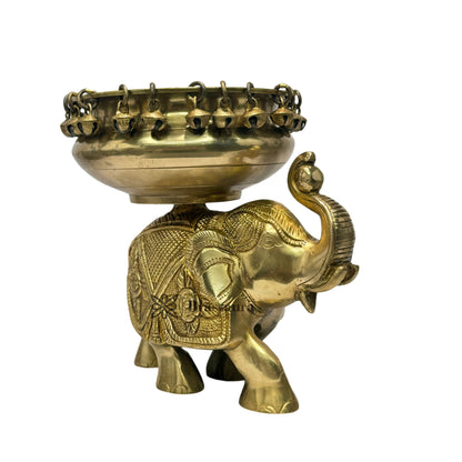 Brass Urli with Elephant Statue for Home Decor Gift for Good Luck Vastu and Fengshui Best in Living Room Weight 3.1 Kg Height 24 cm