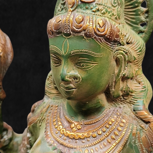 Brassaura® Maa Lakshmi Seated Lotus Pose Idol with Vintage Green Finish | Pure Superfine Brass Handcrafted Murti | Brass Statue for Home Temple, Pooja Room | Height 18.2 Inches | Weight 11 Kgs