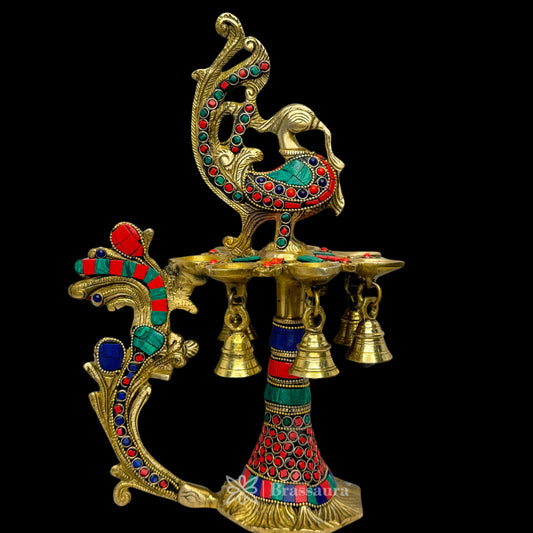 Brassaura™ Brass Multicolor Stone Peacock Decorative Diya with 7 Traditional Bells and 7 Diya Slot Antique Deepak Design Table Decor Stand for Home Diwali Gift Temple Pooja Weight 2.30 Kg Height 33 cm