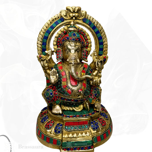 Brassaura™ Brass Gem Stone Work Big Ganesha Murti for Home and Decor Brass Ganesh Bhagwan Statue for Pooja Room Ganesha Idols for Home Entrace Decor Good Luck Decoration Weight 5.6 Kg Height 33 cm