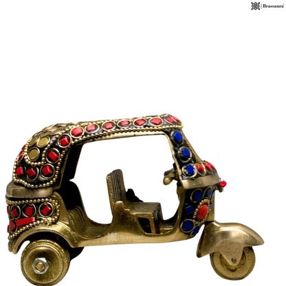 Brass Gem Stone Work Rickshaw for Home and Decor Show Piece for Living Room Weight .5 Kg Height 11 cm