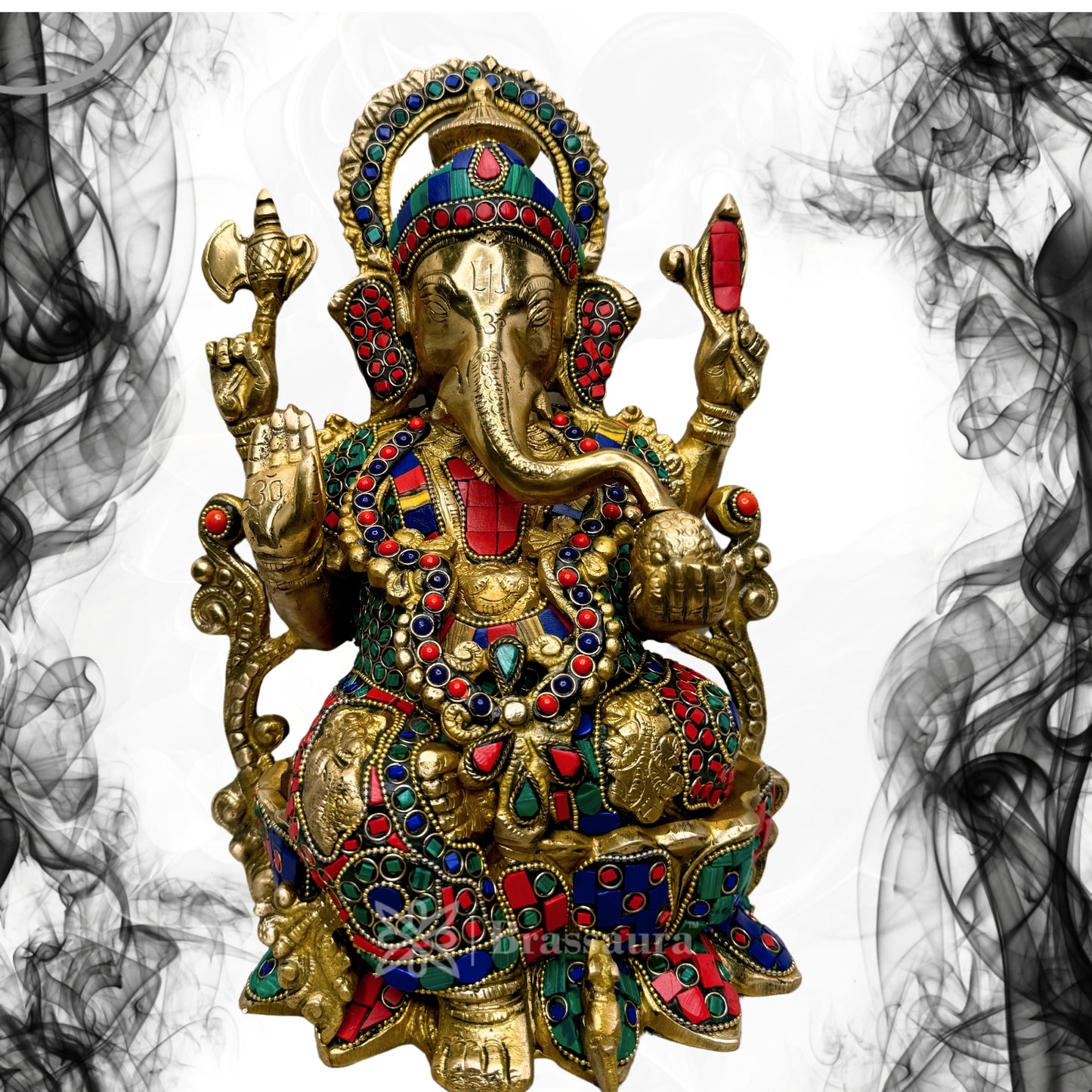 Brassaura™ Brass Gem Stone Inlay Work Lord Jewellary Ganesha Bhagwan Murti Sitting with Mooshak on Lotus Flower Base Idol for Home Decoration Ganpati Statue Diwali Gift Height 33 Cm Weight 7 Kg