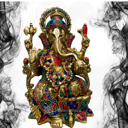 Brassaura™ Brass Gem Stone Inlay Work Lord Jewellary Ganesha Bhagwan Murti Sitting with Mooshak on Lotus Flower Base Idol for Home Decoration Ganpati Statue Diwali Gift Height 33 Cm Weight 7 Kg