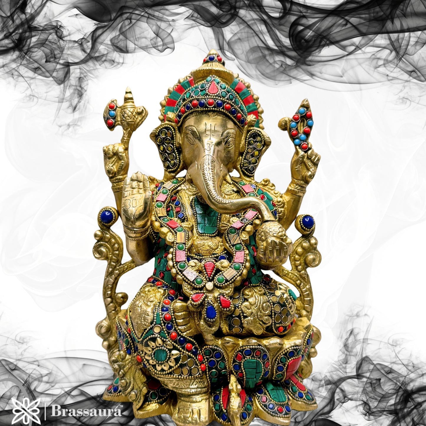 Brass Gem Stone Work Jewellery Ganesha Statue For Home Decor Weight 7 Kg And Height 33 Cm