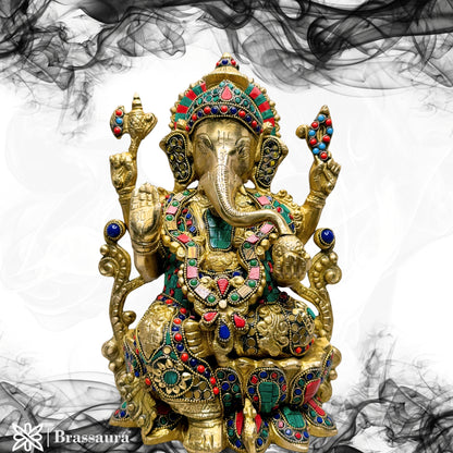 Brass Gem Stone Work Jewellery Ganesha Statue For Home Decor Weight 7 Kg And Height 33 Cm