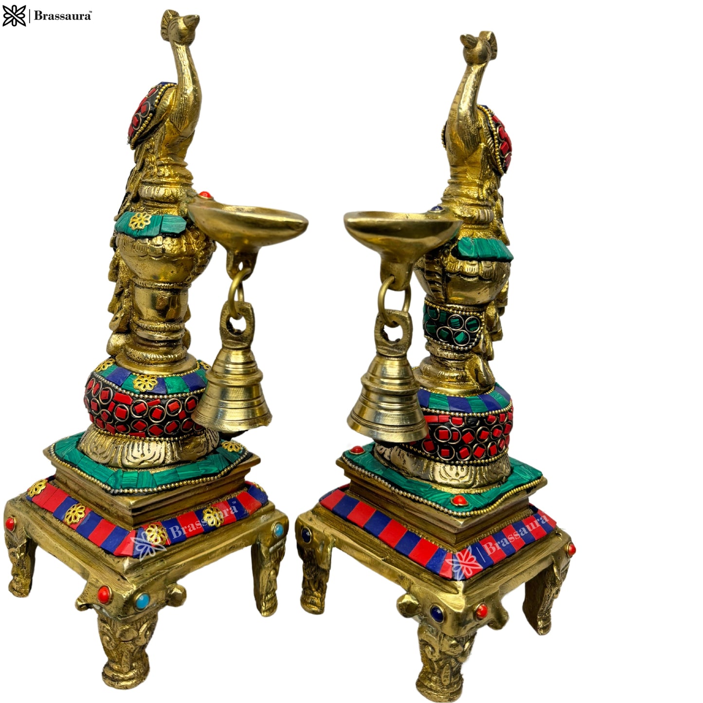 Brass Gem Stone Work Peackock Diya Pair Murti for Home and Decor Show Piece Height 28 cm Weight 4 Kg