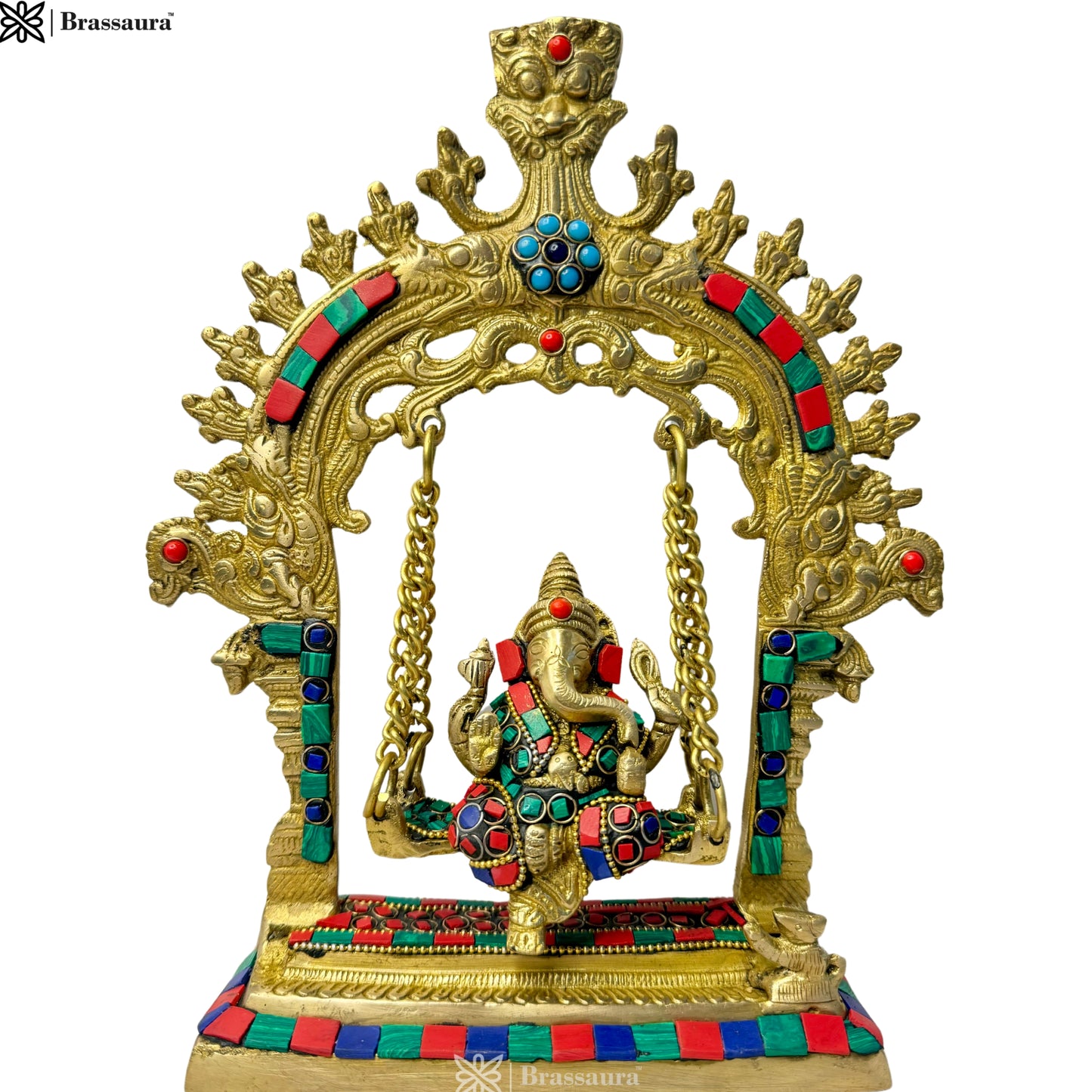 Brassaura™ Brass Gem Stone Work Ganesh Jhula Swing Idol Handwork Kirtimukha Ganesha Swing Statue Ganpati Bappa Jhoola Murti for Luck Home Decor Entrance Gift 28 Cm Weight 1.6 Kg