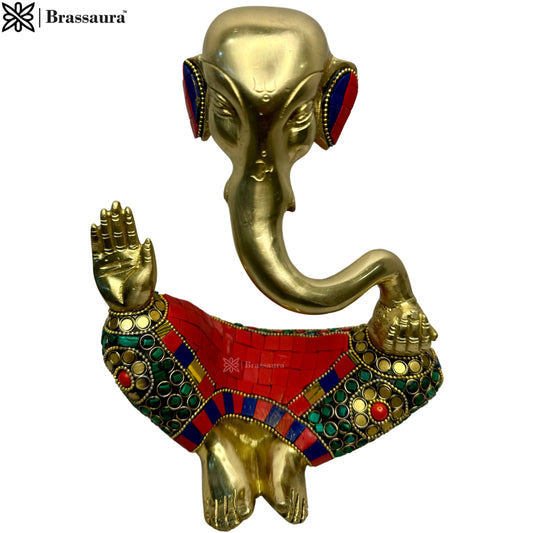 Brassaura™ Brass Trunk Ganesha Multicolor Gem Stone Handwork Idol Ganesh Statue in Modern Art for Home Office Desk Diwali Gift Pooja House Entrance Showpiece Gift Height 23 cm Weight 2.6 Kg