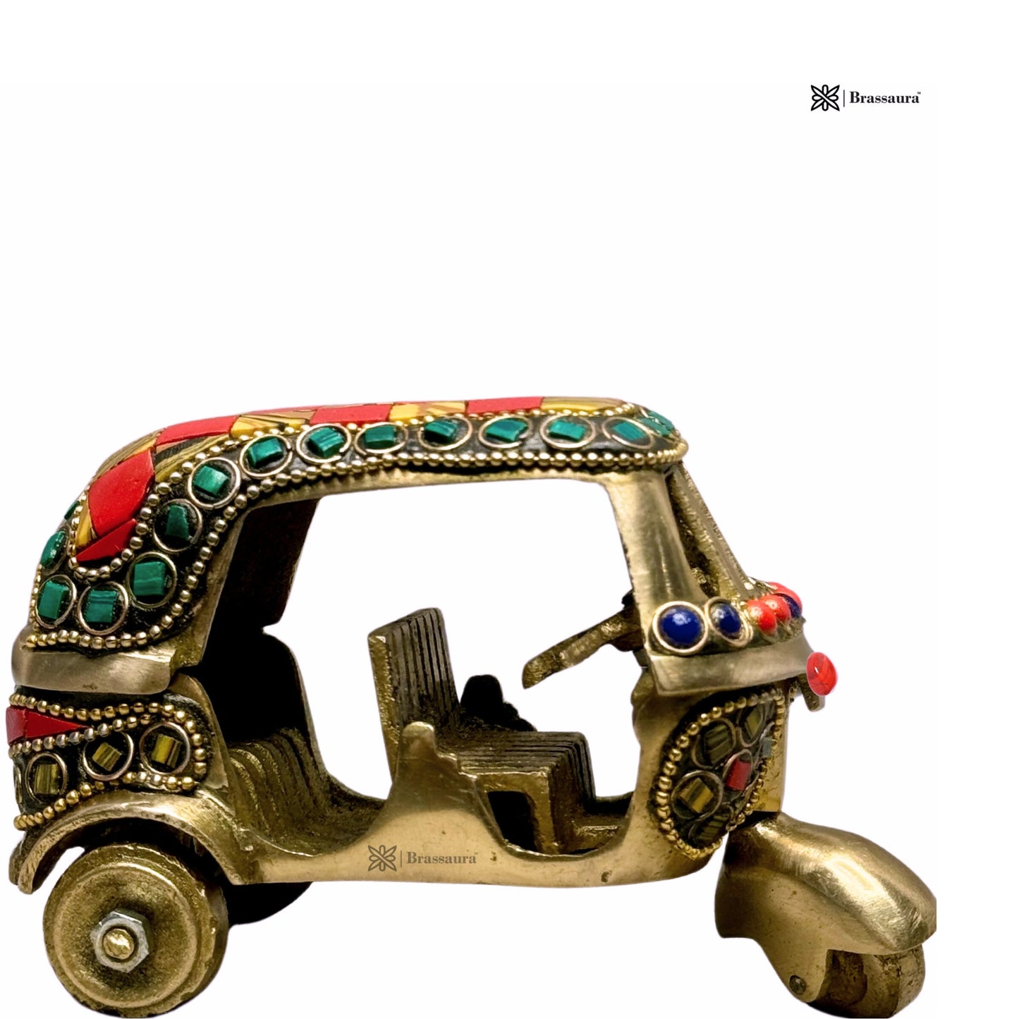 Brass Gem Stone Work Rickshaw for Home and Decor Show Piece for Living Room Weight .5 Kg Height 11 cm