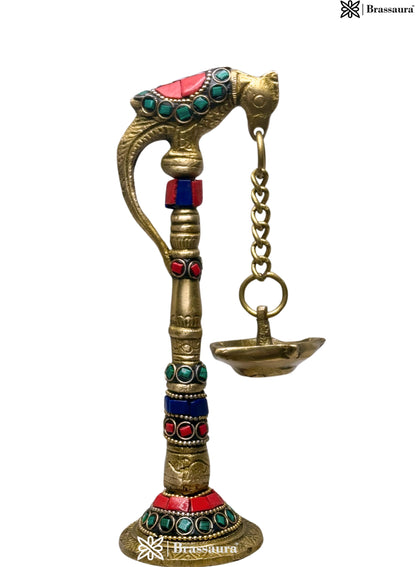 Brass Gem Stone Work Parrot Diya for Home and Decor Weight .4 Kg Height 21 cm