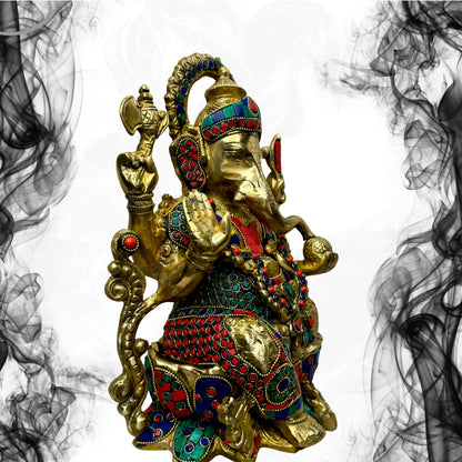 Brassaura™ Brass Gem Stone Inlay Work Lord Jewellary Ganesha Bhagwan Murti Sitting with Mooshak on Lotus Flower Base Idol for Home Decoration Ganpati Statue Diwali Gift Height 33 Cm Weight 7 Kg