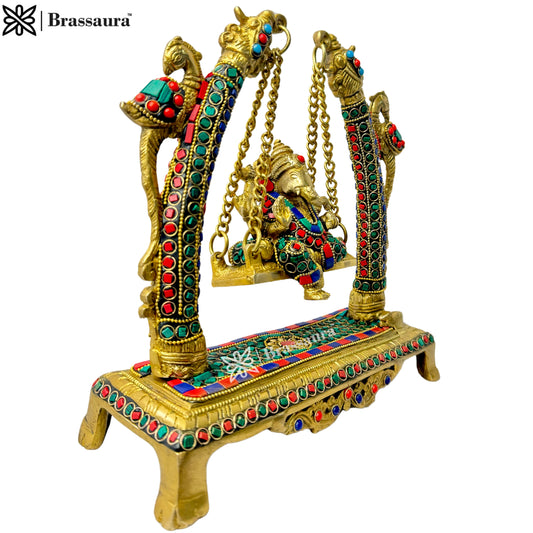 Brassaura Gemstone-Embellished Brass Ganesha Jhula for Home & Temple Décor | Height 11 Inches