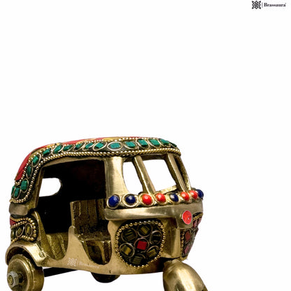 Brass Gem Stone Work Rickshaw for Home and Decor Show Piece for Living Room Weight .5 Kg Height 11 cm