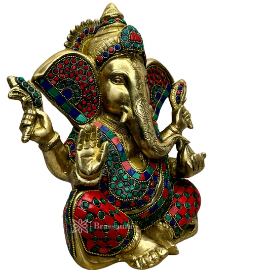Brassaura™ Brass Gem Stone Work Ganesha Statue | Handcrafted Brass Idol | Height 35 cm & Weight 5.6 Kgs