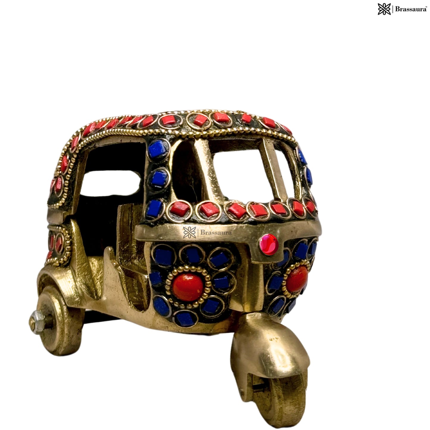 Brass Gem Stone Work Rickshaw for Home and Decor Show Piece for Living Room Weight .5 Kg Height 11 cm